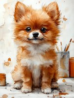 Adorable Pomeranian puppy with fluffy orange-red fur and bright eyes sits against artistic watercolor background with paint brushes and art supplies.