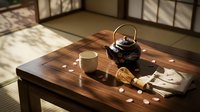 Traditional Japanese tea ceremony setup with iron teapot and ceramic cups on wooden table in tatami room with natural sunlight filtering through windows.