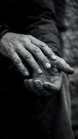 Elderly man's weathered hands with worn fingernails extended in giving gesture, black and white portrait showing age, experience and generosity in dramatic lighting.
