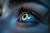 Close-up of human eye with vibrant sunflower reflection in iris creating surreal artistic vision concept for creative design and digital art projects.