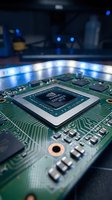 Close-up of computer graphics card GPU chip on green circuit board with electronic components and blue LED lighting in tech workspace background.