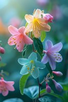 Colorful pastel columbine flowers in bloom with yellow, pink, blue, and purple blossoms against soft bokeh background in spring garden.