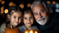 Heartwarming portrait of senior man with gray beard and two young girls smiling together, illuminated by warm glowing bokeh lights in dark background.