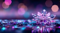 Crystal snowflake ornament on reflective surface with pink and blue bokeh lights creating magical winter atmosphere and dreamy holiday mood.