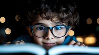 Young boy with curly hair and blue glasses reading a book at night, illuminated by soft bokeh lights in the background.