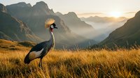 Majestic grey crowned crane standing in golden grassland with dramatic mountain landscape at sunset creating peaceful wildlife scene.