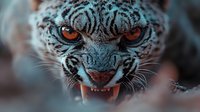 Fierce snow leopard with glowing orange eyes and bared fangs showing aggressive expression in close-up portrait for wildlife and nature photography projects.