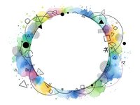 Colorful watercolor circle frame with geometric shapes and abstract elements on white background for creative design projects.