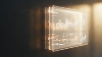 Glowing transparent screen displaying financial stock market charts and trading data with warm golden light effect against dark background for business analytics.