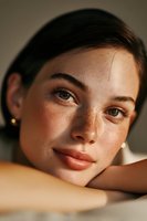 Young woman with natural freckles and glowing skin resting chin on hands in soft warm lighting for skincare and beauty concepts.