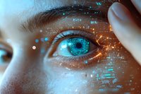 Close-up of bright blue eye with digital elements and glowing particles overlay creating futuristic technological effect, concept of artificial intelligence and biometrics.
