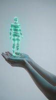 Holographic human figure floating above open hands with futuristic digital projection effect for technology and innovation concepts.