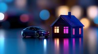 Miniature house and car silhouettes glowing against dark background with colorful bokeh lights, creating dreamy night atmosphere. For real estate and automotive concepts.