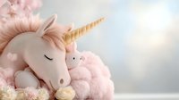 Dreamy pink unicorn plush toy with golden horn resting on soft cotton candy clouds and delicate roses against ethereal pastel background. Suitable for nursery decor.