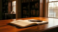 Open notebook with pen on wooden desk in sunlit study room with bookshelves and windows, suitable for education, writing, and workspace concepts.