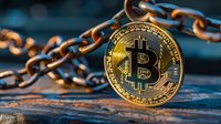 Golden cryptocurrency coin with chain on wooden surface in dramatic lighting, representing digital currency security and blockchain technology concept.