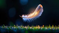 Glowing white feather floating in dark space with magical bokeh lights and sparkles below, creating ethereal atmospheric scene. Soft focus nature photography.