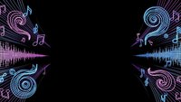 Neon music background with glowing sound waves, musical notes and swirls in purple and blue colors on black backdrop for audio production and entertainment design.
