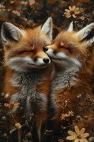 Two red foxes nuzzling among autumn wildflowers, showing tender moment between wildlife creatures against dark moody background with golden florals.