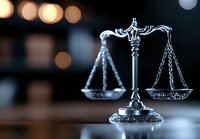 Decorative silver scales of justice on dark background with bokeh lights, symbolizing law, legal system and judicial balance in modern setting.
