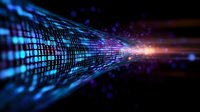 Digital binary code stream flowing through cyberspace with glowing blue and purple light effects against dark background, representing data transmission and technology.