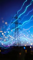 Electric power transmission tower with dramatic lightning bolts and glowing energy effects against blue night sky for technology and infrastructure concepts.