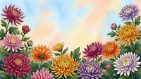 Colorful chrysanthemum flowers in watercolor style frame a soft pastel sky background, perfect for greeting cards and seasonal designs.