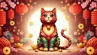 Adorable cartoon cat in traditional Asian costume with red lanterns and gold coins for Chinese New Year celebration and festive holiday decorations.