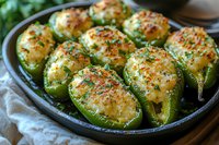 Baked jalapeno peppers stuffed with creamy cheese mixture and topped with golden breadcrumbs and fresh herbs, served in cast iron skillet. Perfect appetizer.