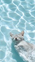 Adorable white kitten floating peacefully in crystal clear turquoise swimming pool water with sunlight reflections creating rippling patterns on surface.
