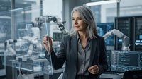 Mature woman with gray hair and light skin tone, wearing dark business attire, gestures toward holographic digital interface displaying architectural blueprints and data visualizations in modern office setting for technology and innovation concepts.