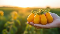 Fresh yellow cherry tomatoes held in cupped hands during golden hour sunset in organic vegetable garden field for healthy eating and farm harvest.