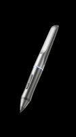 Sleek metallic stylus pen with silver and dark gray finish, featuring a blue accent band and precision tip, isolated on transparent background ready for design use.
