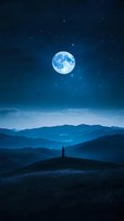 Solitary figure silhouetted against full moon in mystical mountain landscape at night, layers of blue hills stretching to horizon, starry sky and wildflowers.