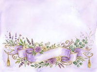 Lavender roses and ornamental scrolls with decorative ribbon banner on soft purple background, isolated for wedding invitations, greeting cards, and design projects.