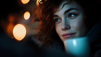 Young Caucasian woman with curly hair enjoying warm beverage in cozy evening atmosphere with bokeh lights creating intimate mood for lifestyle content.