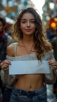 Young mixed race woman with long wavy hair holding blank white paper while wearing off-shoulder sweater and jeans on city street with bokeh lights in background.