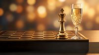 Golden king chess piece stands beside champagne flute on wooden chessboard against warm bokeh background symbolizing victory celebration and strategic success.