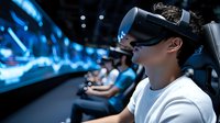 Young man wearing virtual reality headset in dark room with blue neon lighting, experiencing immersive gaming or simulation technology while seated in gaming chair.