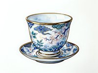 Porcelain teacup with saucer featuring blue and white hand-painted floral and cloud motifs, traditional Asian design with gold trim accents. Isolated on white background.