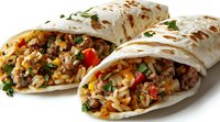 Grilled burritos filled with seasoned rice, ground beef, beans, cheese, and fresh vegetables garnished with cilantro on white background, Mexican cuisine.