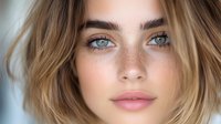 Close-up portrait of young woman with freckles, green eyes, and honey blonde hair against soft blurred background, showcasing natural beauty.