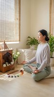 Young Asian woman meditating in lotus pose at home altar with chakra crystals, incense, and plants in a serene sunlit room.