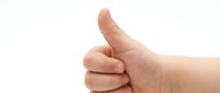 Thumbs up gesture from a light-skinned hand against white background, conveying approval, success, and positive feedback for business, marketing, and motivational design projects.