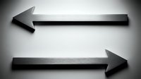 Two sleek metallic arrows pointing in opposite directions on white background, symbolizing choice, direction, decision-making and business strategy concepts.