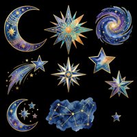 Celestial night sky elements collection featuring crescent moons, stars, and galaxy swirls in deep blue and gold tones. Isolated on transparent background, ready for t-shirt designs, stickers, sublimation, print-on-demand products, and digital crafts.