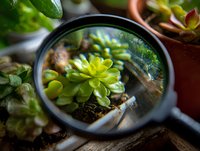 Succulent plant viewed through magnifying glass with blurred potted plants in background, showcasing botanical detail for gardening enthusiasts.