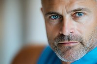 Intense close-up portrait of mature Caucasian man with striking blue eyes, grey beard wearing blue sweater against soft blurred background. Professional headshot style.