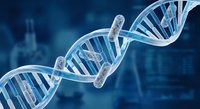 DNA double helix structure with molecular bonds on blue scientific background for genetics research and biotechnology applications.