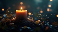 Glowing orange candle surrounded by autumn leaves and bokeh lights creates magical atmosphere on dark background. Seasonal decorative composition.